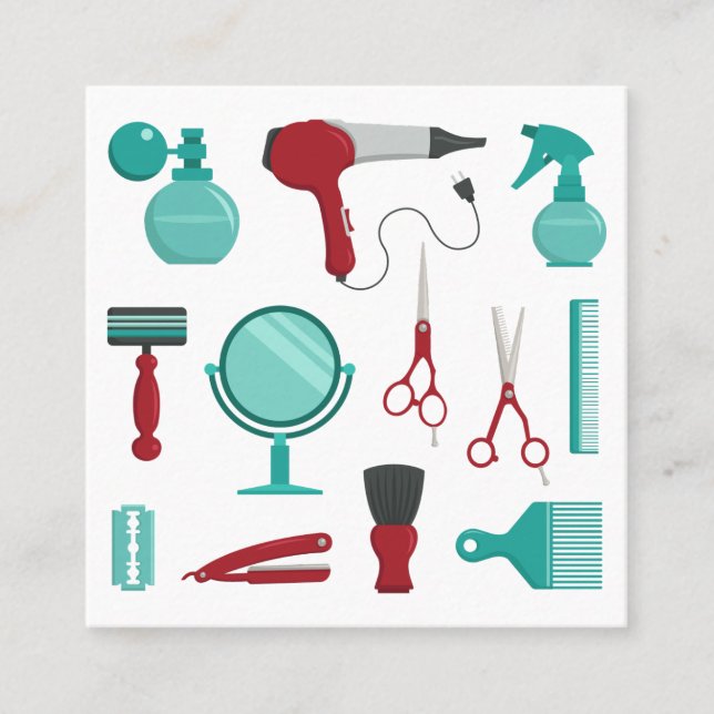 Salon Tool Utensils Hair Barber Teal & Red Square Business Card (Front)