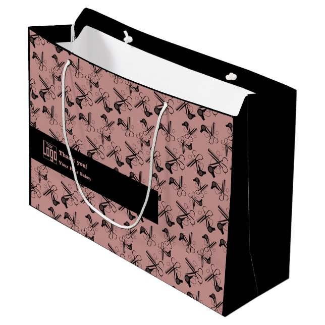 Salon Tools Pattern Logo Motto QR Code Pink Black  Large Gift Bag (Front Angled)