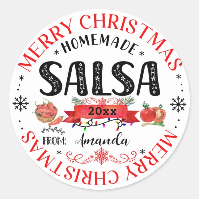 Salsa Homemade Merry Christmas Name Jar lid Classic Round Sticker (Front)