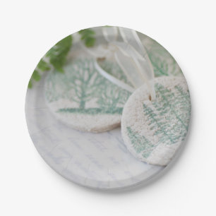 Salt dough tree ornaments on vintage letters paper plate