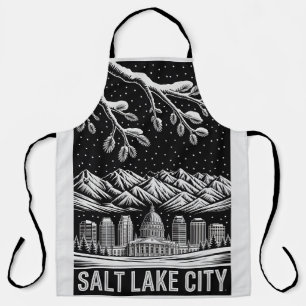Salt Lake City Skyline Black and White Woodcut  Apron