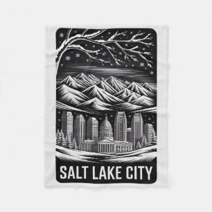 Salt Lake City Skyline Black and White Woodcut  Fleece Blanket
