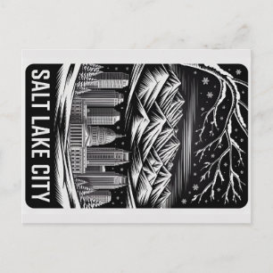 Salt Lake City Skyline Black and White Woodcut  Postcard