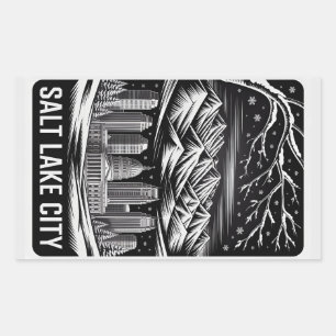Salt Lake City Skyline Black and White Woodcut Rectangular Sticker