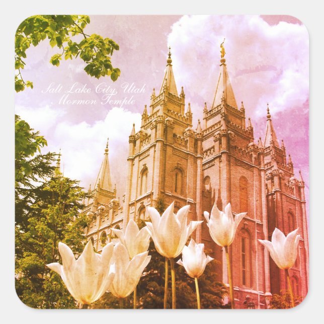Salt Lake City, Utah Mormon Temple Art Square Sticker (Front)