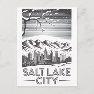 Salt Lake City Utah Skyline Black White Woodcut Holiday Postcard
