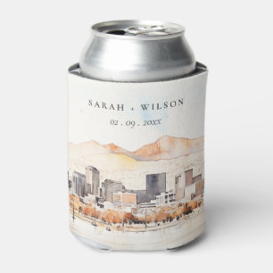 Salt Lake City, Utah Watercolor Landscape Wedding Can Cooler