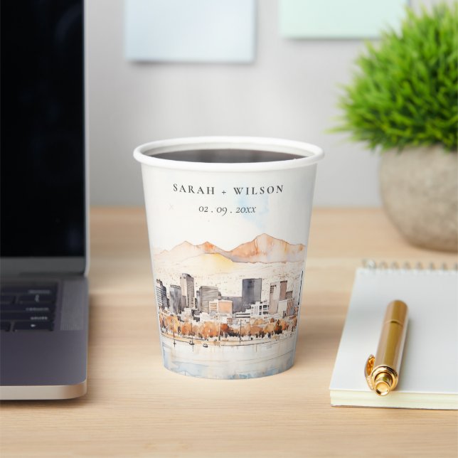 Salt Lake City, Utah Watercolor Landscape Wedding Paper Cups (Insitu)
