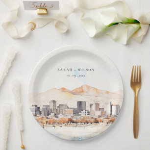 Salt Lake City, Utah Watercolor Landscape Wedding Paper Plate