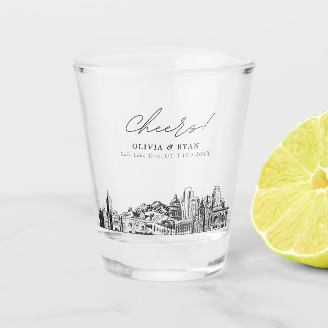 Salt Lake City Wedding Favour Personalised Cheers Shot Glass (Front)