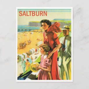 Saltburn, family on the beach. vintage travel postcard