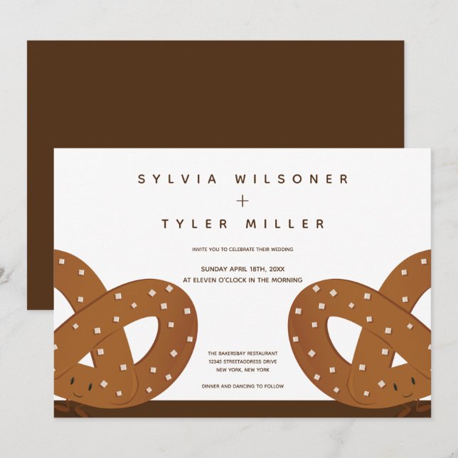 Salted Pretzels Illustration Wedding White Brown Invitation (Front/Back)
