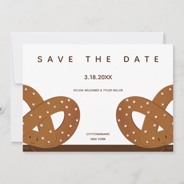 Salted Pretzels Illustration Whimsical White Brown Save The Date (Front)