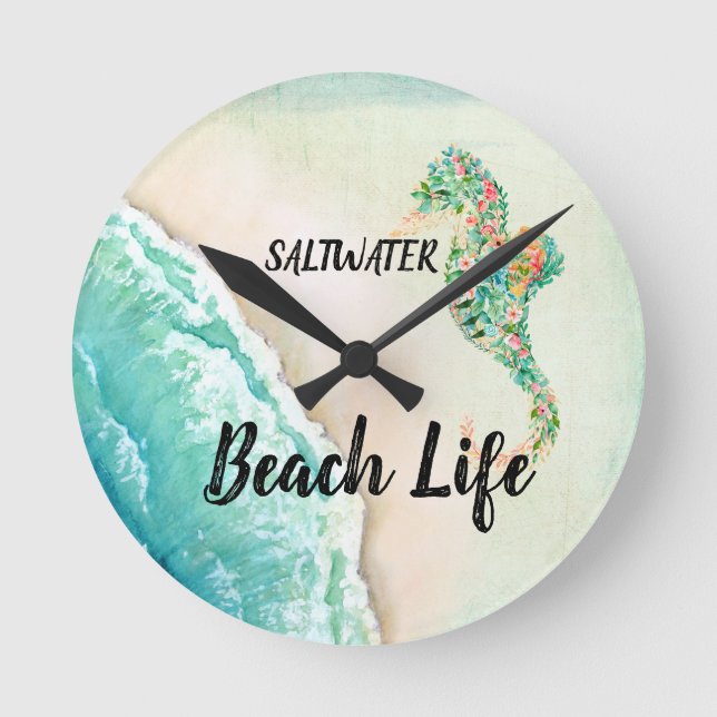 Saltwater Beach Life Seahorse Round Clock (Front)