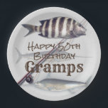 Saltwater Fishing Fisherman's Birthday Party Paper Plate<br><div class="desc">Fish and fishing party plates with two areas of custom text.  Saltwater fish images with rod and reel.  Bold text for name and handwritten fonts style for "happy birthday".  Include the age if you want.  Paper plates come in two sizes.</div>