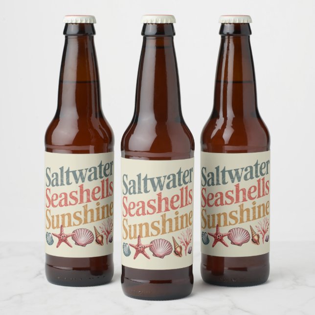 Saltwater Seashells Sunshine Summer Beach Vacation Beer Bottle Label (Bottles)
