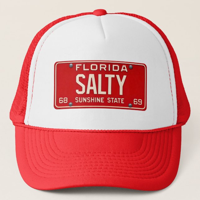 Salty 1969 | Red Retro Florida License Plate Surf Trucker Hat (Front)