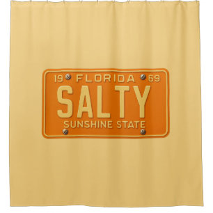 Salty 1969 - Retro Florida License Plate - Yellow Shower Curtain