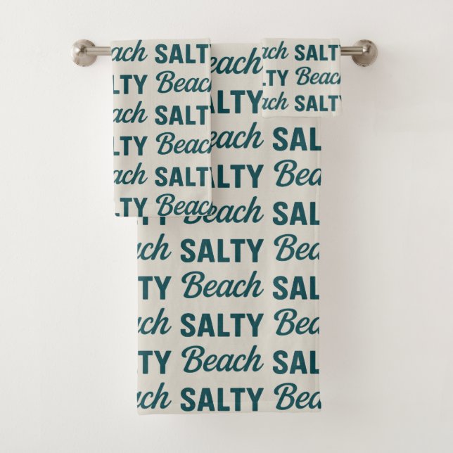 Salty Beach Coastal Teal Graphic Print Ocean Decor Bath Towel Set (Insitu)