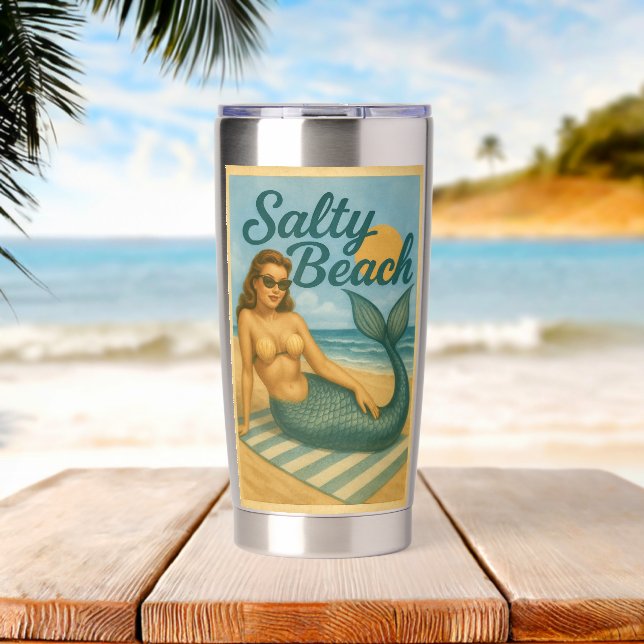 Salty Beach Pin-Up Mermaid -Retro Coastal Life Art Insulated Tumbler (Beach (Rotated))