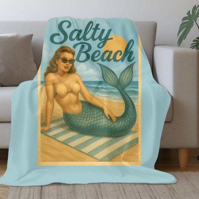 Salty Beach Retro Pin-Up Mermaid Art Funny Coastal Fleece Blanket (Creator Uploaded)