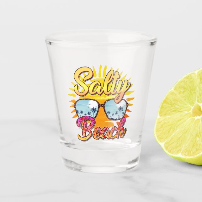 Salty Beach | Tropical Sun & Palm Tree Shot Glass (Front)