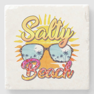 Salty Beach   Tropical Sun & Palm Tree Stone Coaster