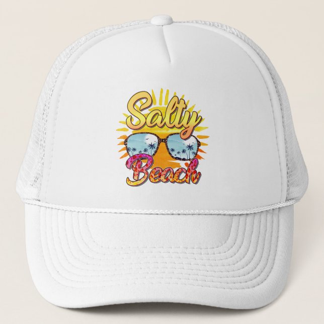 Salty Beach | Tropical Sun & Palm Tree Trucker Hat (Front)