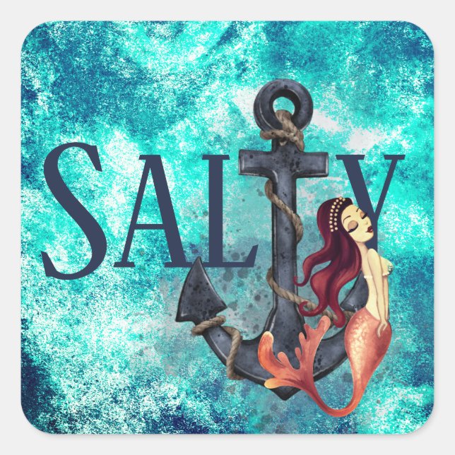 Salty - Beautiful Mermaid, Anchor Nautical Square Sticker (Front)