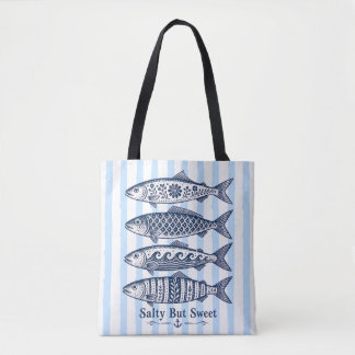 Salty But Sweet Blue Stripe Nautical Fish Tote Bag