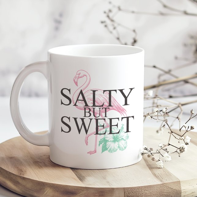 "Salty but Sweet" Flamingo Coffee Mug ("Salty but Sweet" Flamingo Coffee Mug on a sunny boho wooden kitchen table.)