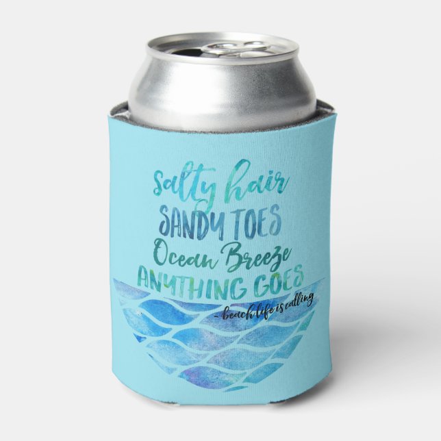 Salty Hair Sandy Toes Ocean Beach Quote Can Can Cooler (Can Front)