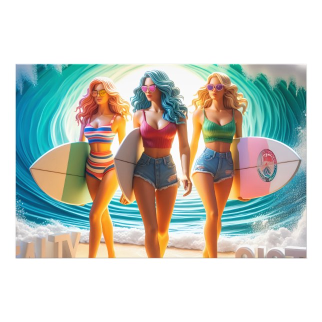 Salty Sisterhood Trio Girls Beach Walk Surfer Photo Print (Front)