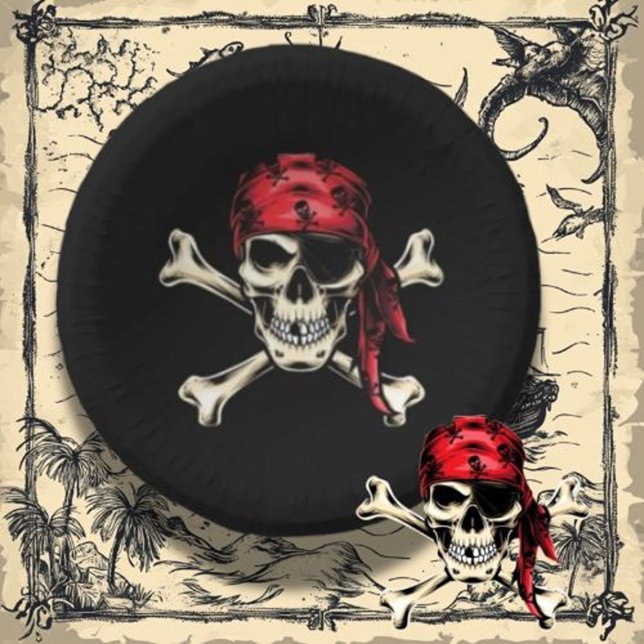 Salty Skull Pirate Theme Party Paper Plate (Host an unforgettable pirate theme party for adults with salty skull black decor.)