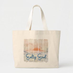 Salty Soul Retro Sunset Watercolor Beach Large Tote Bag