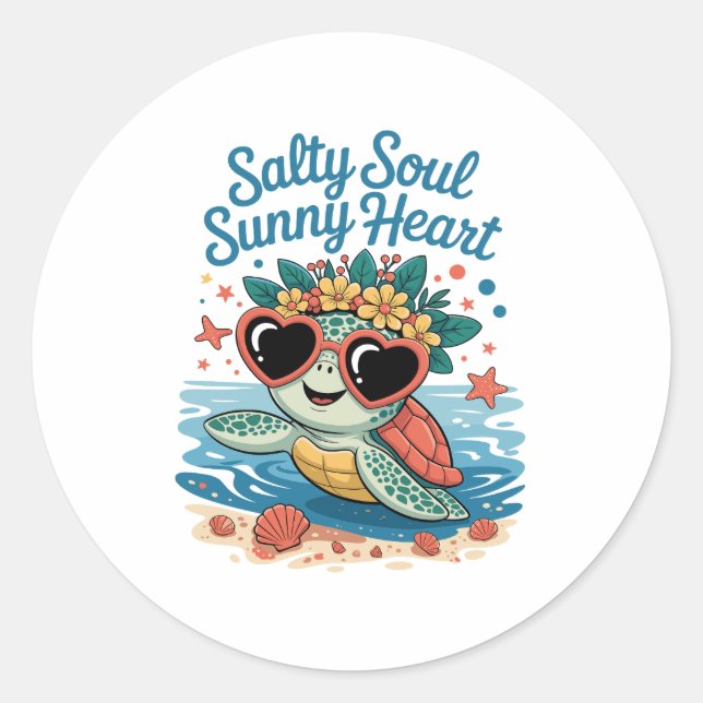Salty Soul Sunny Heart Turtle Summer Classic Round Sticker (Front)