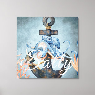 Salty Watercolor Octopus and Anchor Nautical Beach Canvas Print