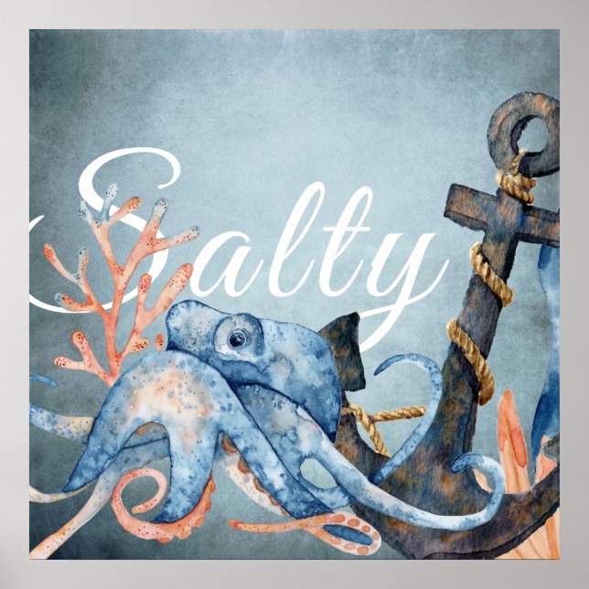 Salty Watercolor Octopus and Anchor Nautical Beach Poster (Front)