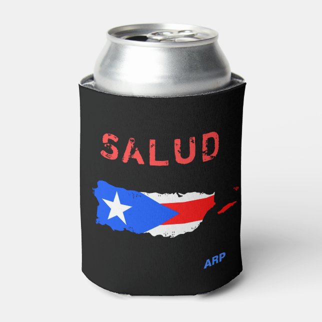 *~* SALUD Grunge Puerto Rico Flag on Black Can Cooler (Can Front)