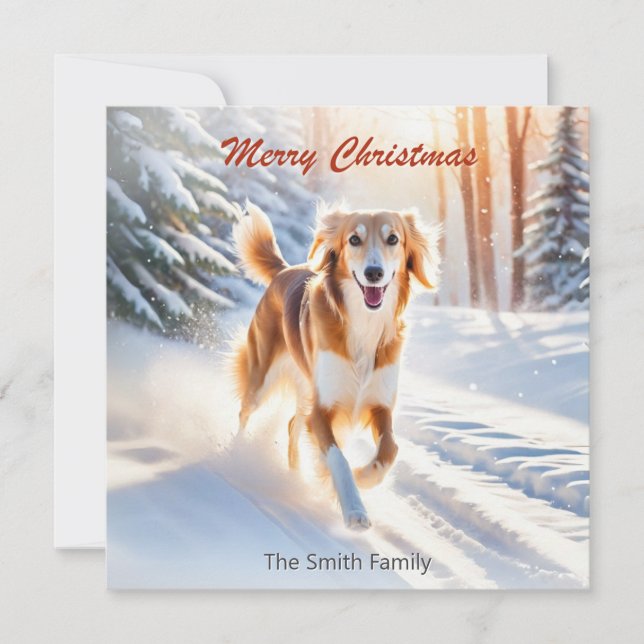 Saluki Dog In Snow Merry Christmas Holiday Card (Front)