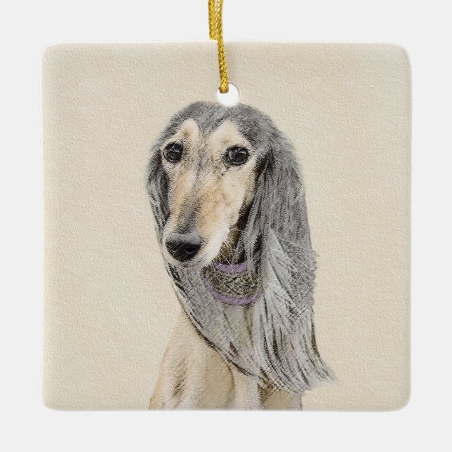 Saluki (Fawn) Painting - Cute Original Dog Art Ceramic Ornament (Front)