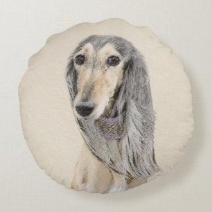 Saluki (Fawn) Painting - Cute Original Dog Art Round Cushion
