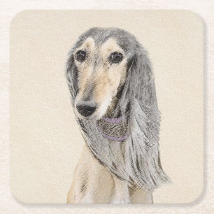 Saluki (Fawn) Painting - Cute Original Dog Art Square Paper Coaster