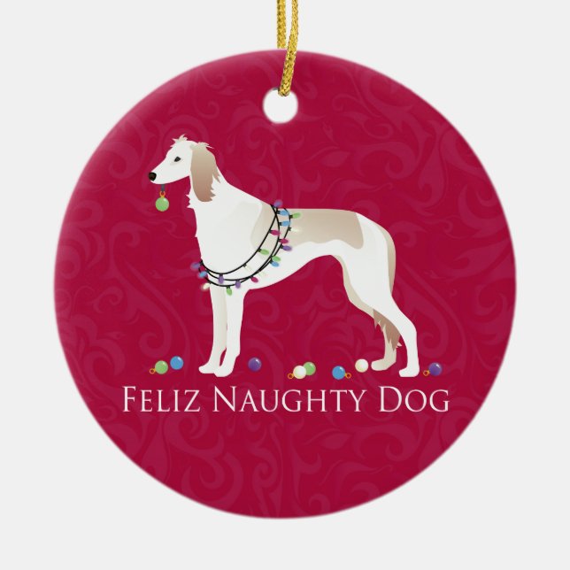 Saluki Feliz Naughty Dog Christmas Design Ceramic Tree Decoration (Front)