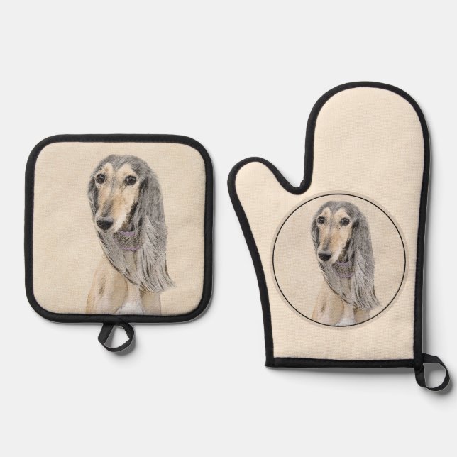 Saluki Painting Fawn Sable Cute Original Dog Art Oven Mitt & Pot Holder Set (Front)