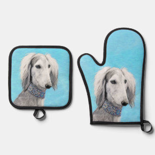 Saluki Painting Silver Feathered Original Dog Art Oven Mitt & Pot Holder Set