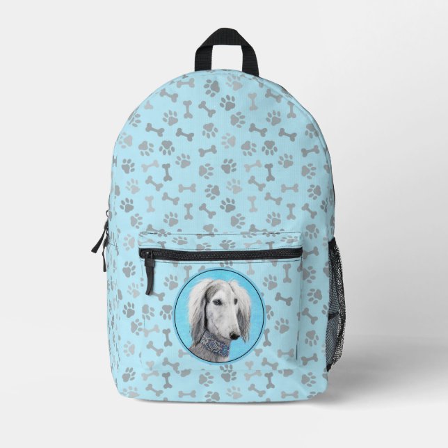 Saluki (Silver) Painting - Cute Original Dog Art Printed Backpack (Front)