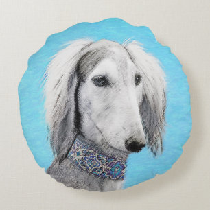 Saluki (Silver) Painting - Cute Original Dog Art Round Cushion