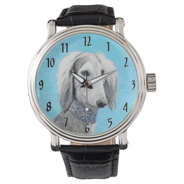 Saluki (Silver) Painting - Cute Original Dog Art Watch (Front)