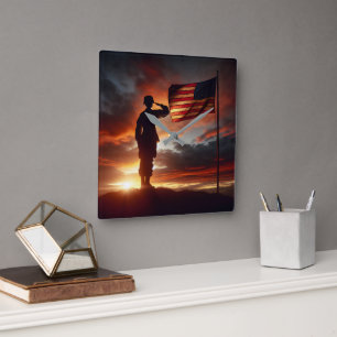 Saluting American Soldier  Square Wall Clock